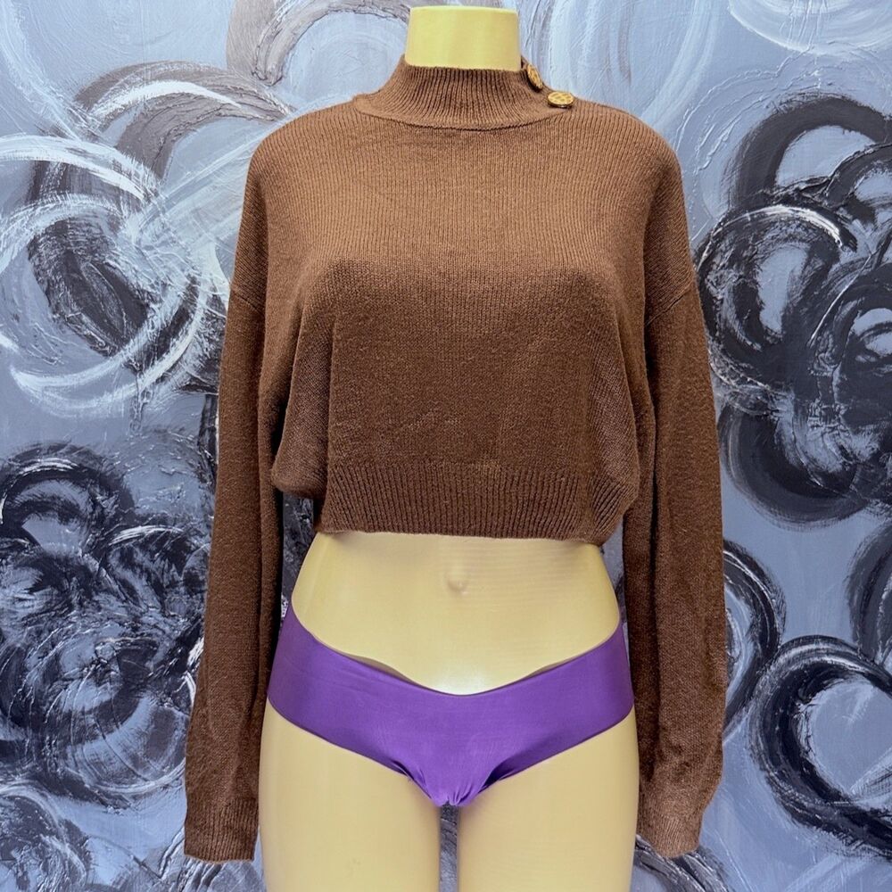 H&M Divided Sweater S Chocolate Brown Mock Neck Shoulder Button Cropped
